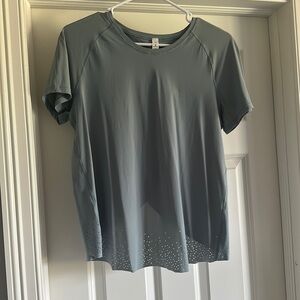 Grey/blue lululemon cross-back “quick pace short sleeve” shirt